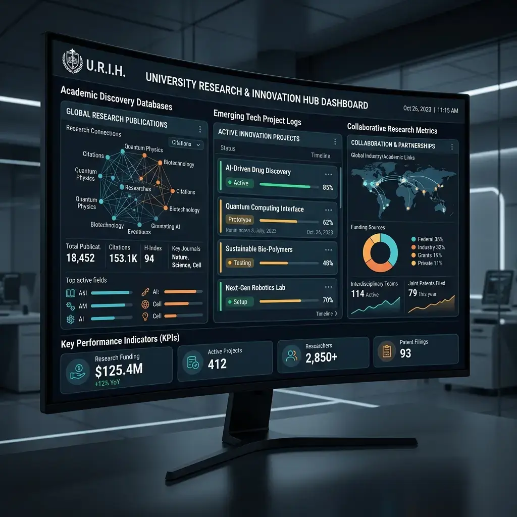 Researchers and students collaborating in a university research laboratory and innovation hub