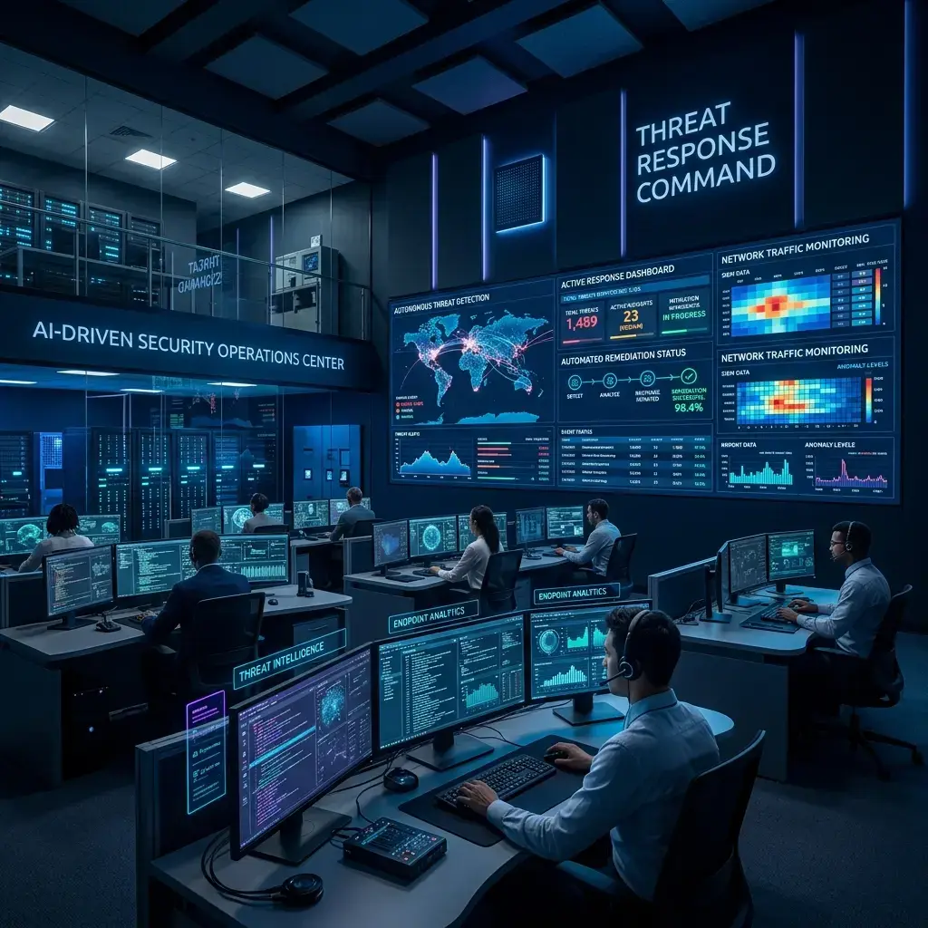 Autonomous AI security operations center showing automated risk remediation panels and active response dashboards
