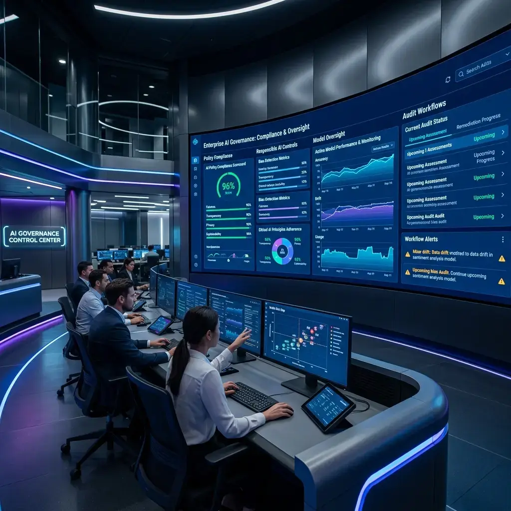 AI governance command center displaying policy compliance dashboards, responsible AI controls, and audit workflows