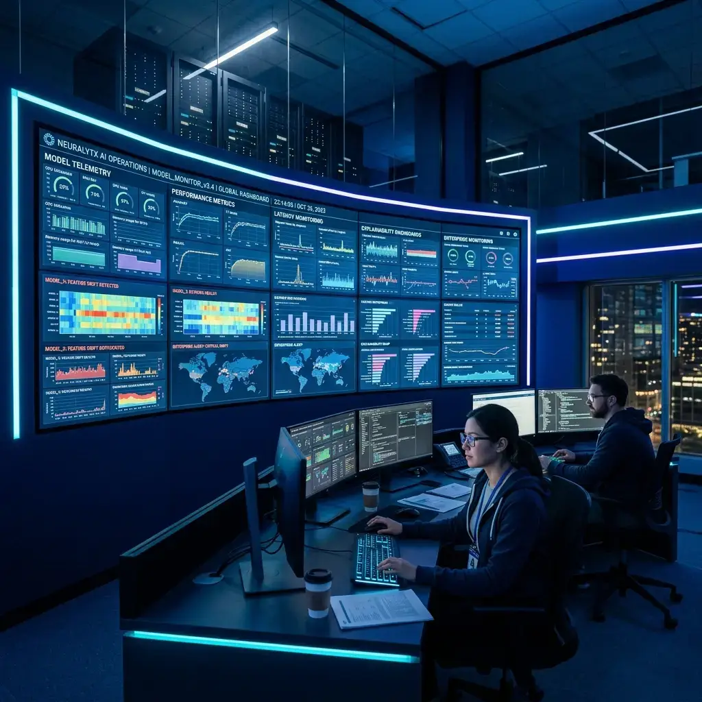 Advanced AI observability control room showing model telemetry, latency monitoring, and explainability dashboards