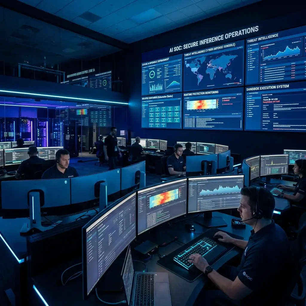 Modern AI Security Operations Center showing secure AI inference environments, isolated containers, and runtime protection monitoring dashboards
