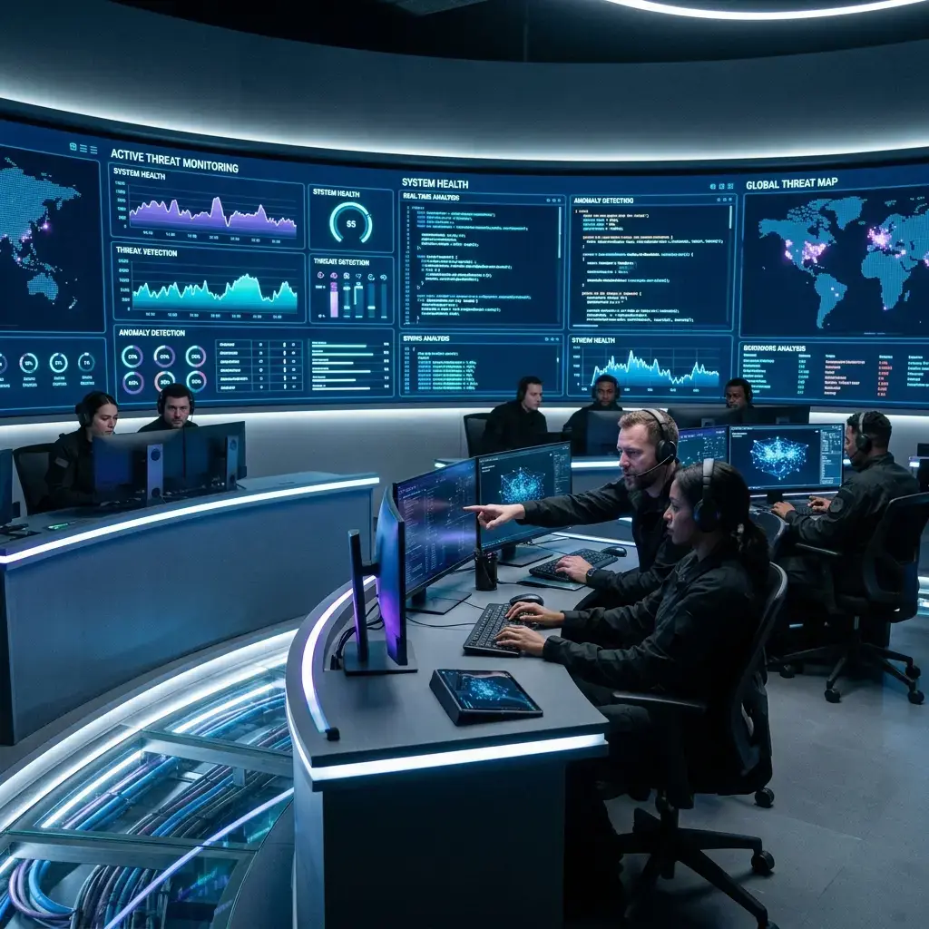 Modern AI Security Operations Center showing active threat monitoring dashboards