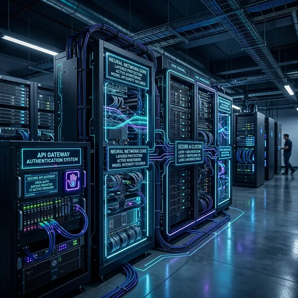 Secured AI model infrastructure core architecture with neural network layered protection nodes