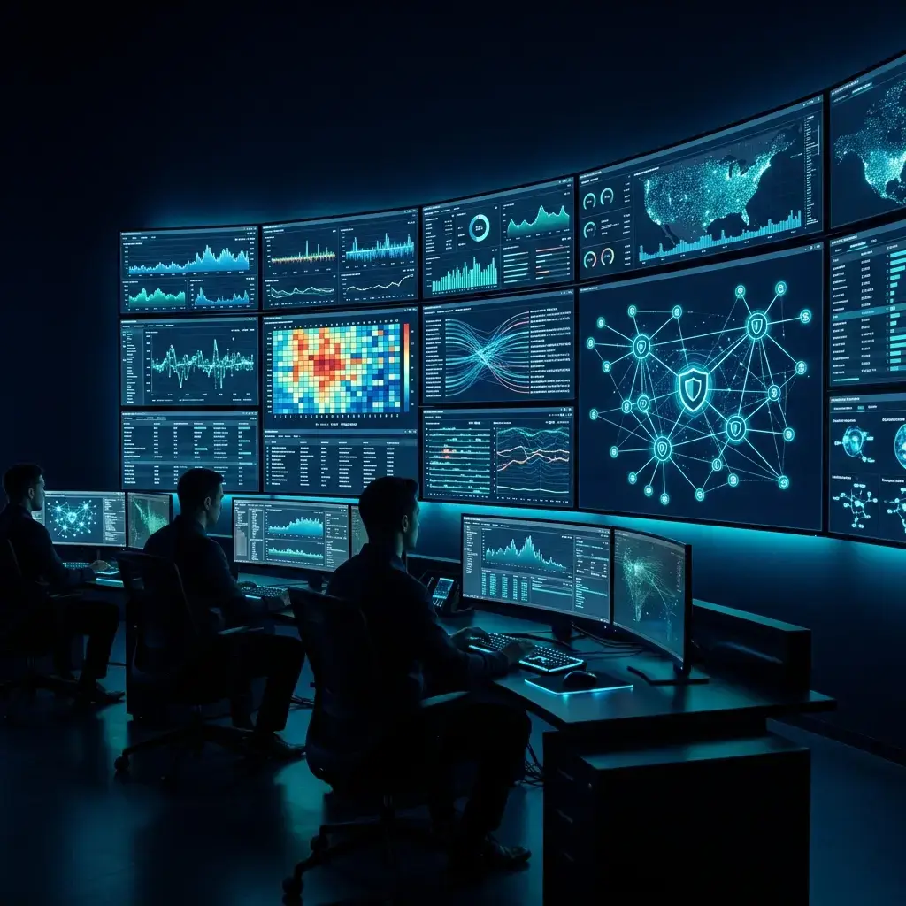Enterprise EDR monitoring center showing threat detection dashboards and endpoint protection infrastructure