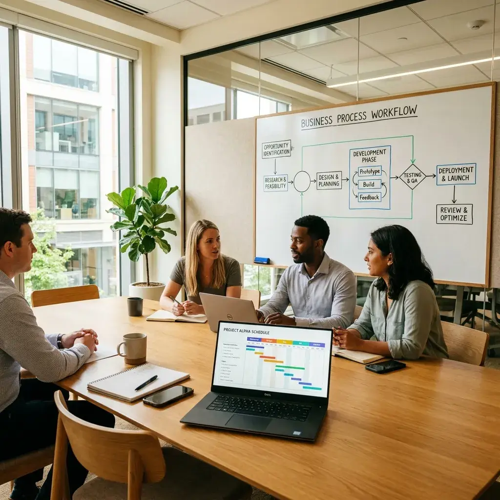 Business teams coordinating processes and approvals through intelligent workflows