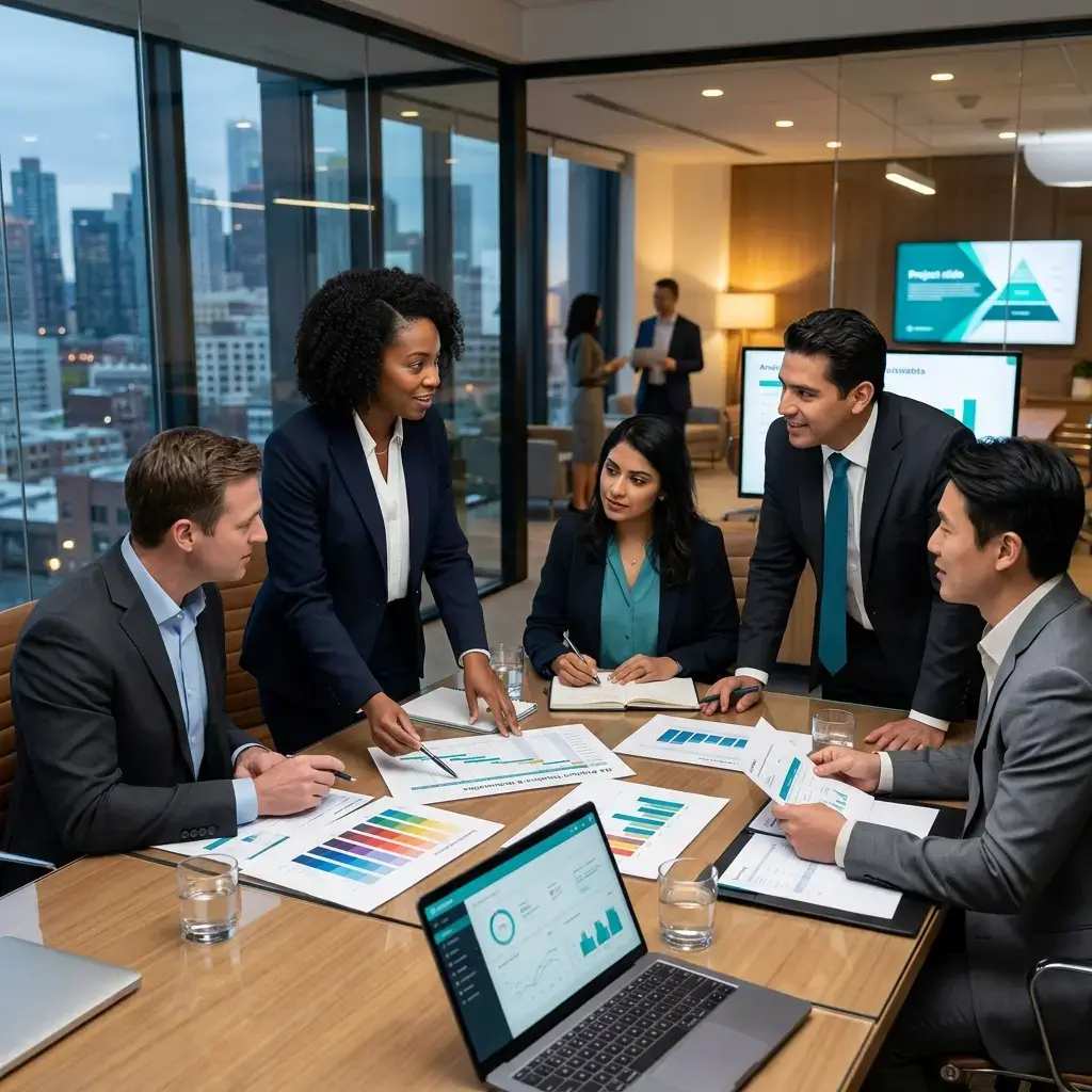 Corporate business professionals discussing project charts representing cross-functional enterprise teams