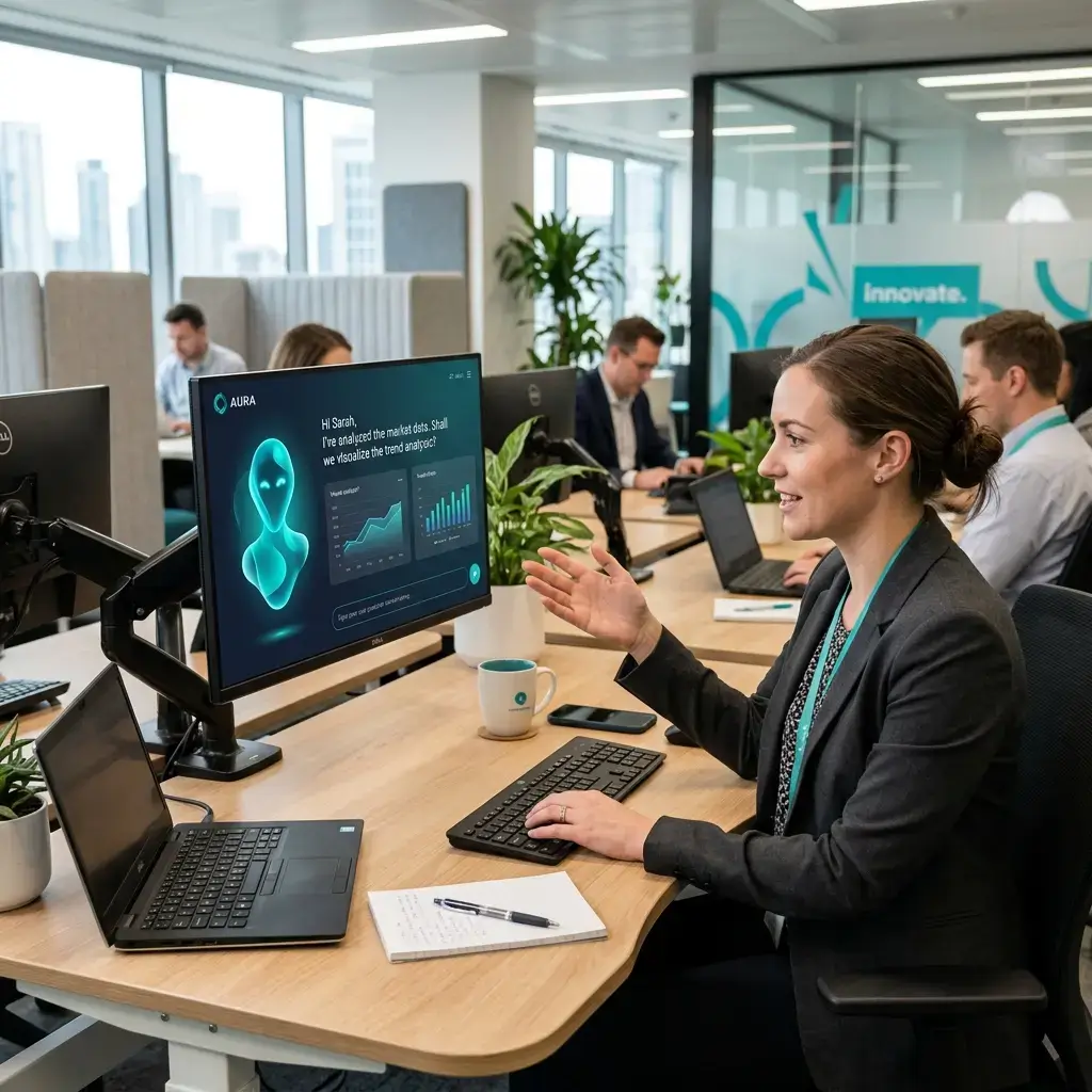 Corporate workspace assistant on monitor representing human-centered enterprise productivity