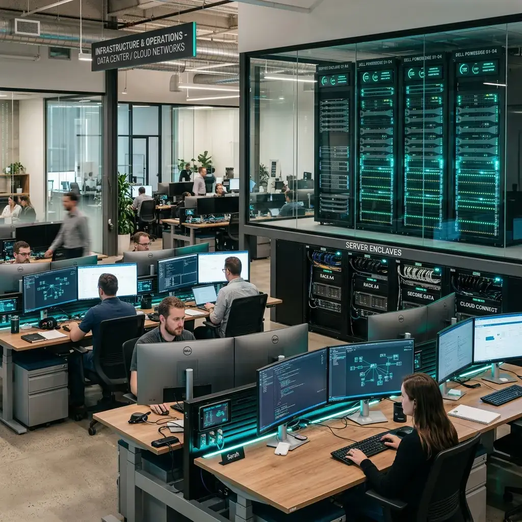 Technology workspace monitors representing connected enterprise platforms