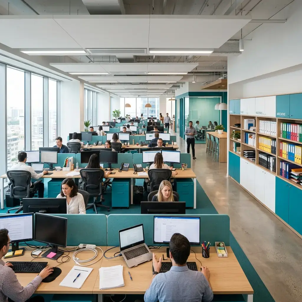 Corporate workspace document storage representing modern workplace knowledge access