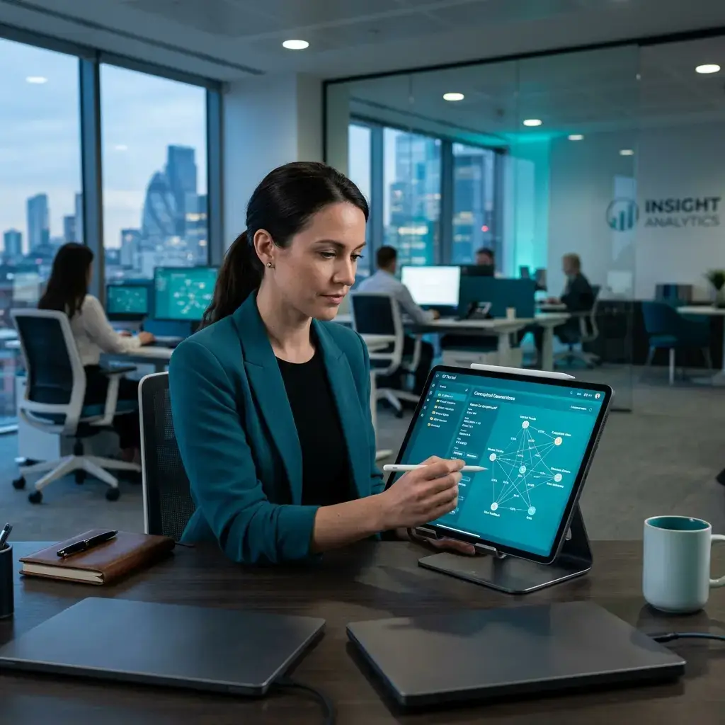 Sleek business intelligence workspace representing knowledge discovery ecosystem